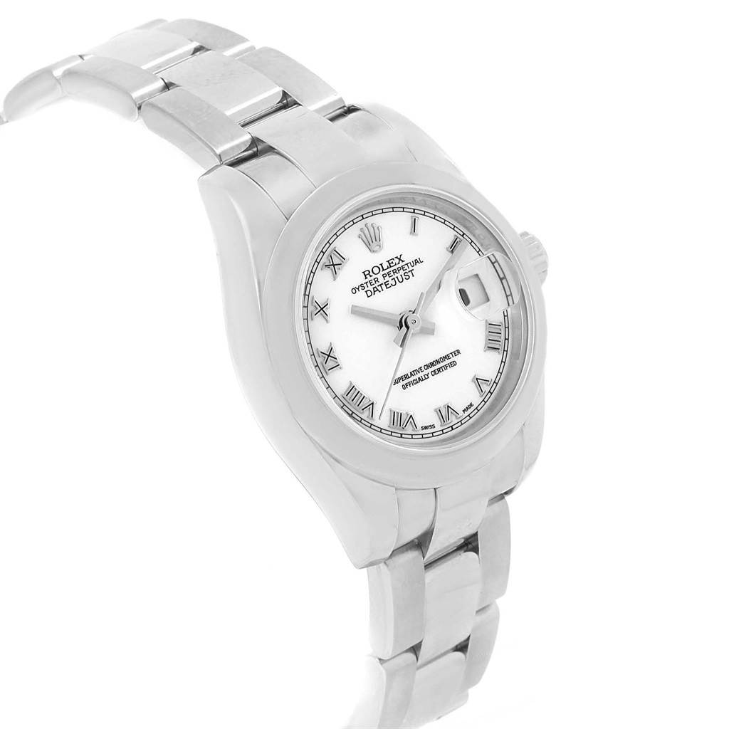 The image shows a Rolex Datejust 179160 Women's Stainless Steel White Dial 179160 Women's Stainless Steel White Dial watch angled from the upper right, displaying its face, bezel, and part of the bracelet.