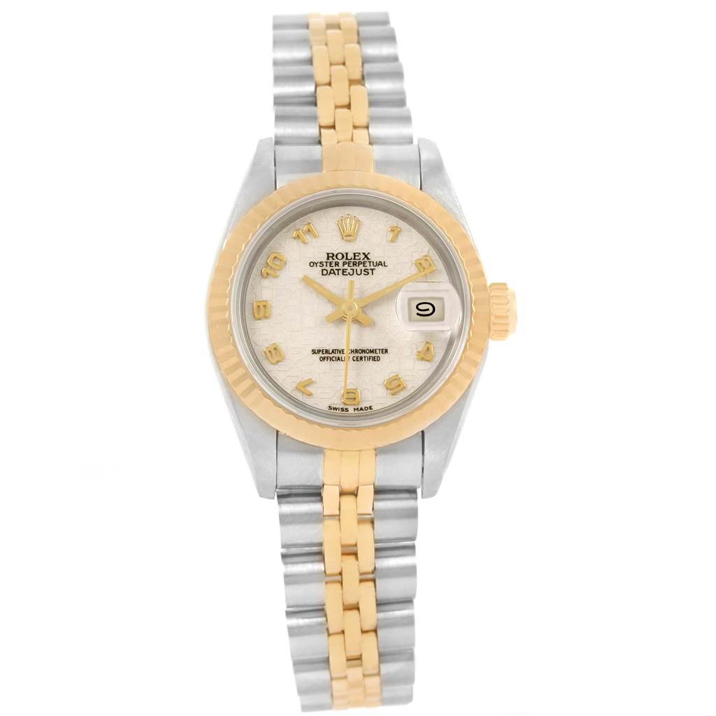 The image shows a front view of the Rolex Datejust 69173 Women
s Stainless Steel Beige Dial 69173 Women
s Stainless Steel Beige Dial watch, displaying the two-tone bracelet, dial, and date window.