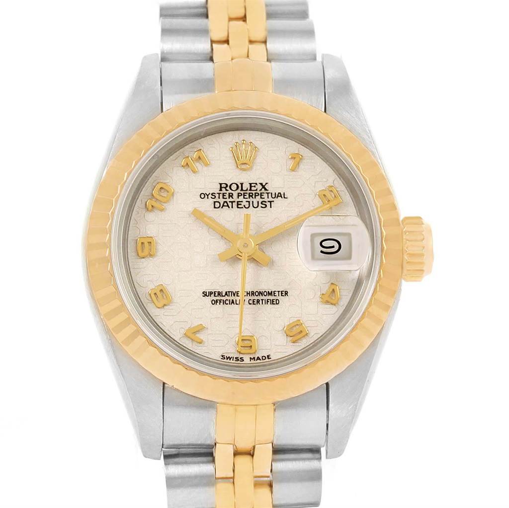 This image shows a Rolex Datejust 69173 Women
s Stainless Steel Beige Dial 69173 Women
s Stainless Steel Beige Dial watch from a front angle, highlighting its two-toned bracelet, dial, hands, and date window.