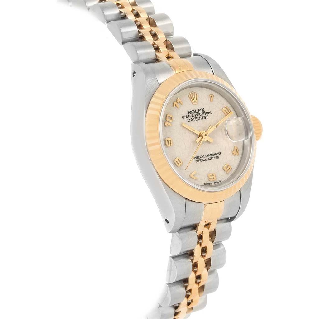 The image shows a Rolex Datejust 69173 Women
s Stainless Steel Beige Dial 69173 Women
s Stainless Steel Beige Dial watch at a slight angle, highlighting the face, bezel, and a portion of the bracelet.