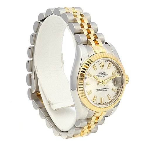 This is an angled view showing the face, fluted bezel, and two-tone bracelet of a Rolex Datejust 179173 Women's Stainless Steel White Dial 179173 Women's Stainless Steel White Dial watch.