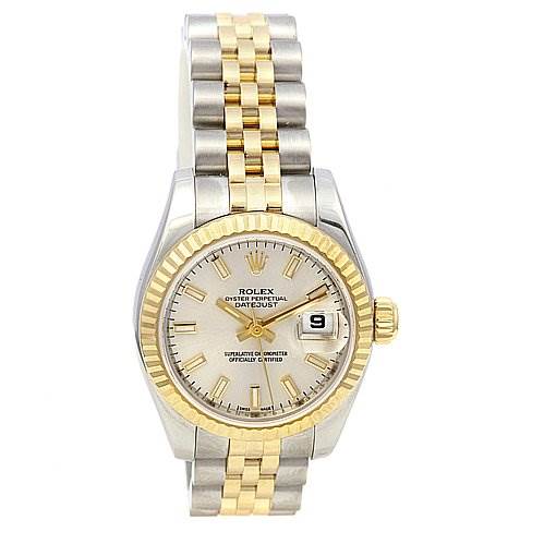 This image shows a Rolex Datejust 179173 Women's Stainless Steel White Dial 179173 Women's Stainless Steel White Dial watch from a frontal angle, highlighting its two-tone bracelet, bezel, and date window.