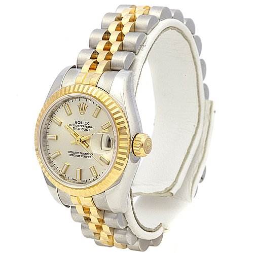 This image shows a Rolex Datejust 179173 Women's Stainless Steel White Dial 179173 Women's Stainless Steel White Dial watch at a three-quarter angle, highlighting the dial, bezel, crown, and two-tone bracelet.