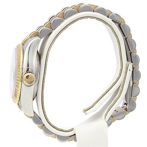 This image shows the side view of a Rolex Datejust 179173 Women's Stainless Steel White Dial 179173 Women's Stainless Steel White Dial watch, highlighting the bezel, crown, and two-tone bracelet.