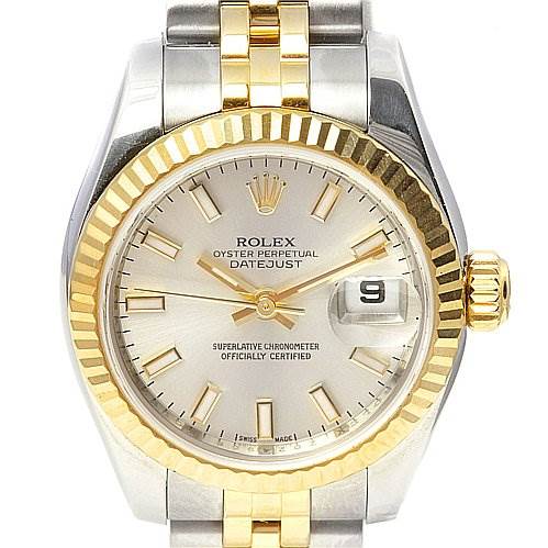 This Rolex Datejust 179173 Women's Stainless Steel White Dial 179173 Women's Stainless Steel White Dial watch is shown from a front angle, highlighting the dial, bezel, case, crown, and part of the bracelet.
