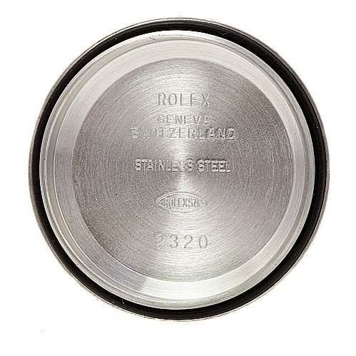 This image shows the inner case back of a Rolex Datejust 179173 Women's Stainless Steel White Dial 179173 Women's Stainless Steel White Dial watch, highlighting the brand engraving and stainless steel material.