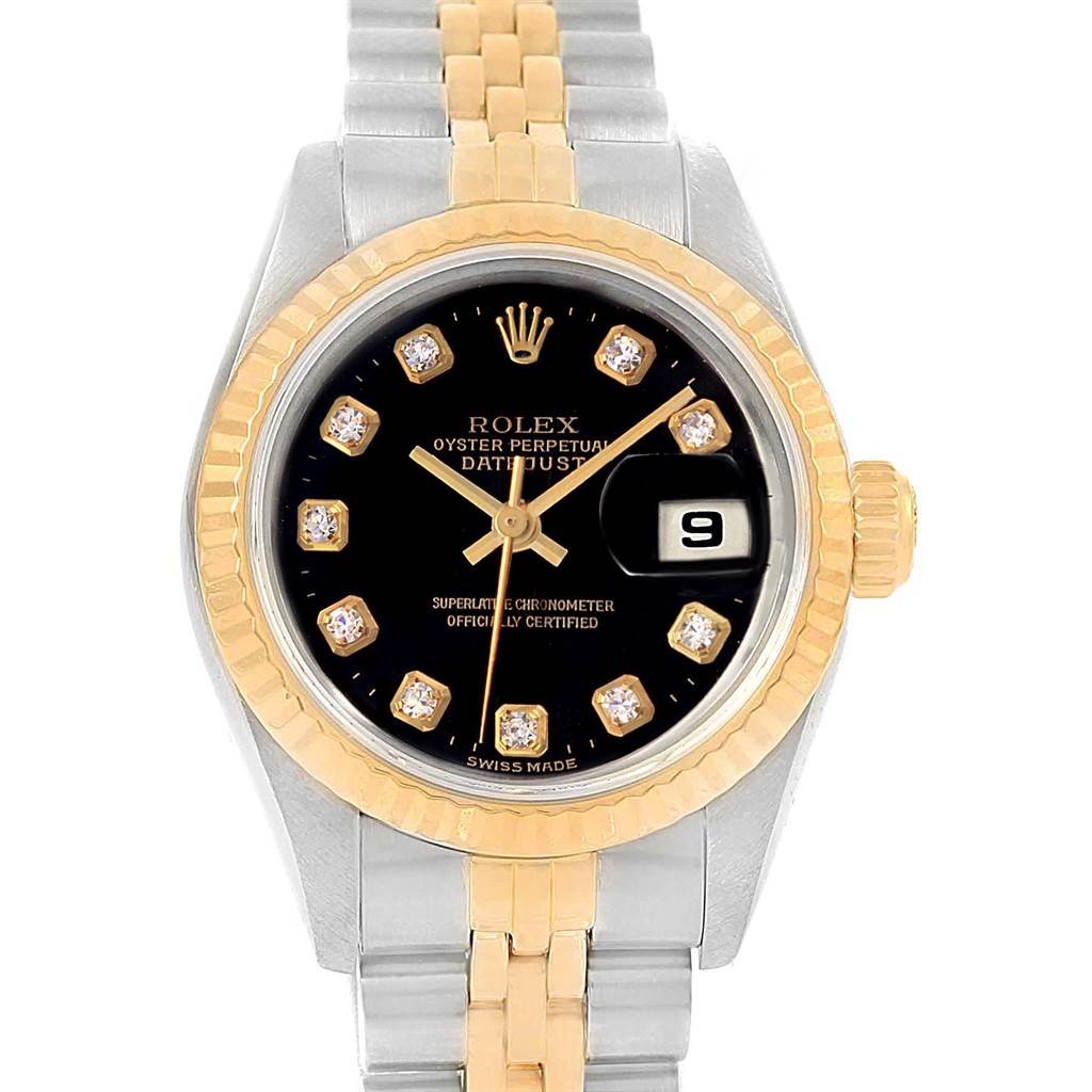 This image shows a Rolex Datejust 69173 Women's Stainless Steel Black Dial 69173 Women's Stainless Steel Black Dial watch from a front angle, highlighting its black dial, gold bezel, and two-tone bracelet.