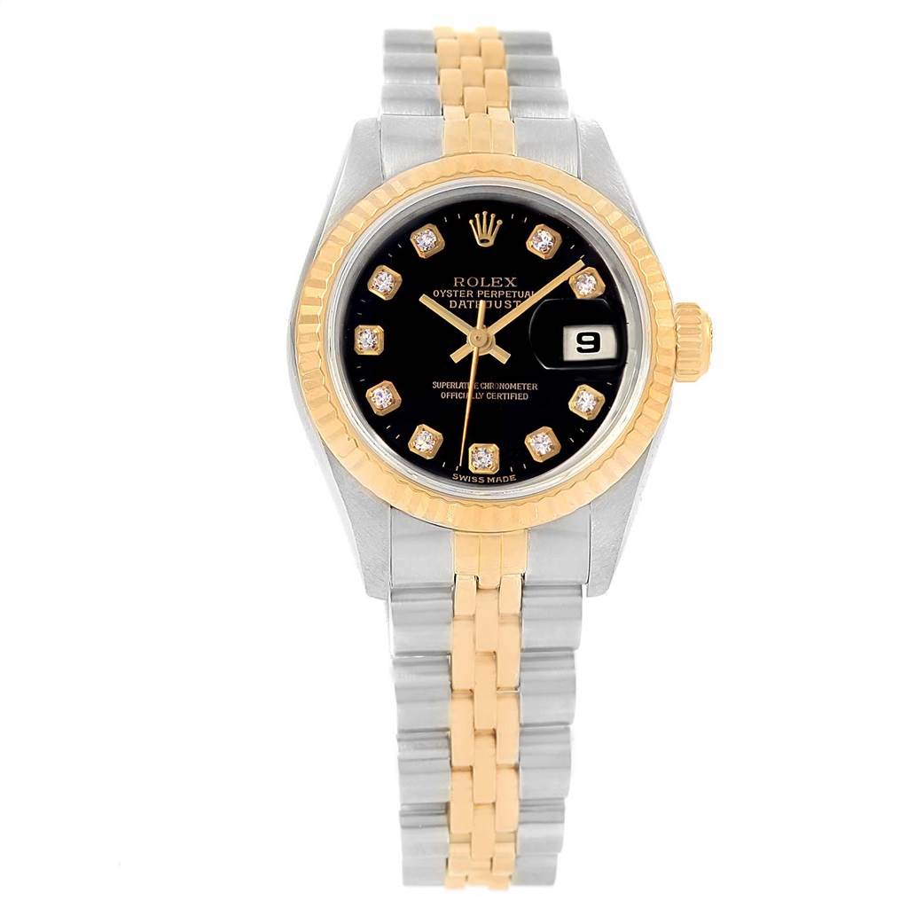 The image shows a Rolex Datejust 69173 Women's Stainless Steel Black Dial 69173 Women's Stainless Steel Black Dial watch from a top-down angle, highlighting its bracelet, face, and bezel.