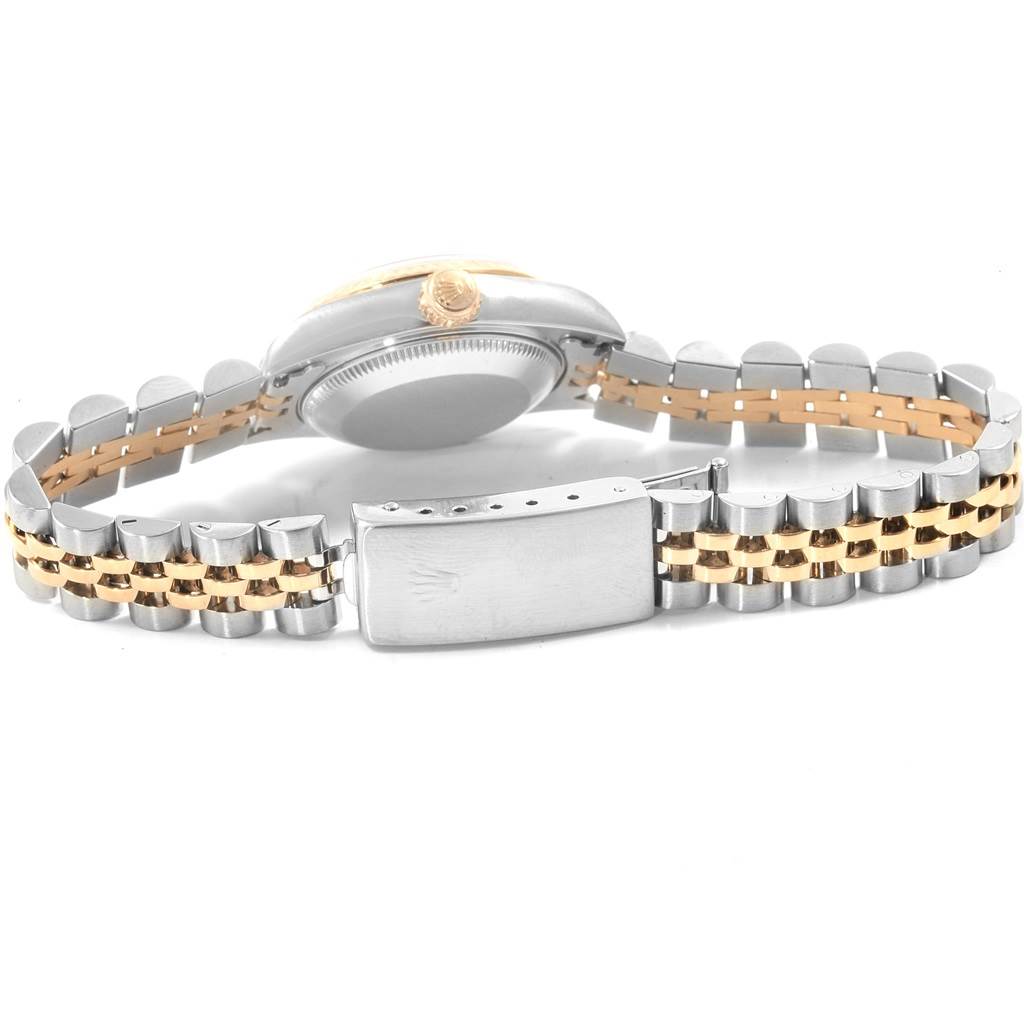 The image shows the back side of a Rolex Datejust 69173 Women's Stainless Steel Black Dial 69173 Women's Stainless Steel Black Dial model, highlighting the clasp and two-tone bracelet.