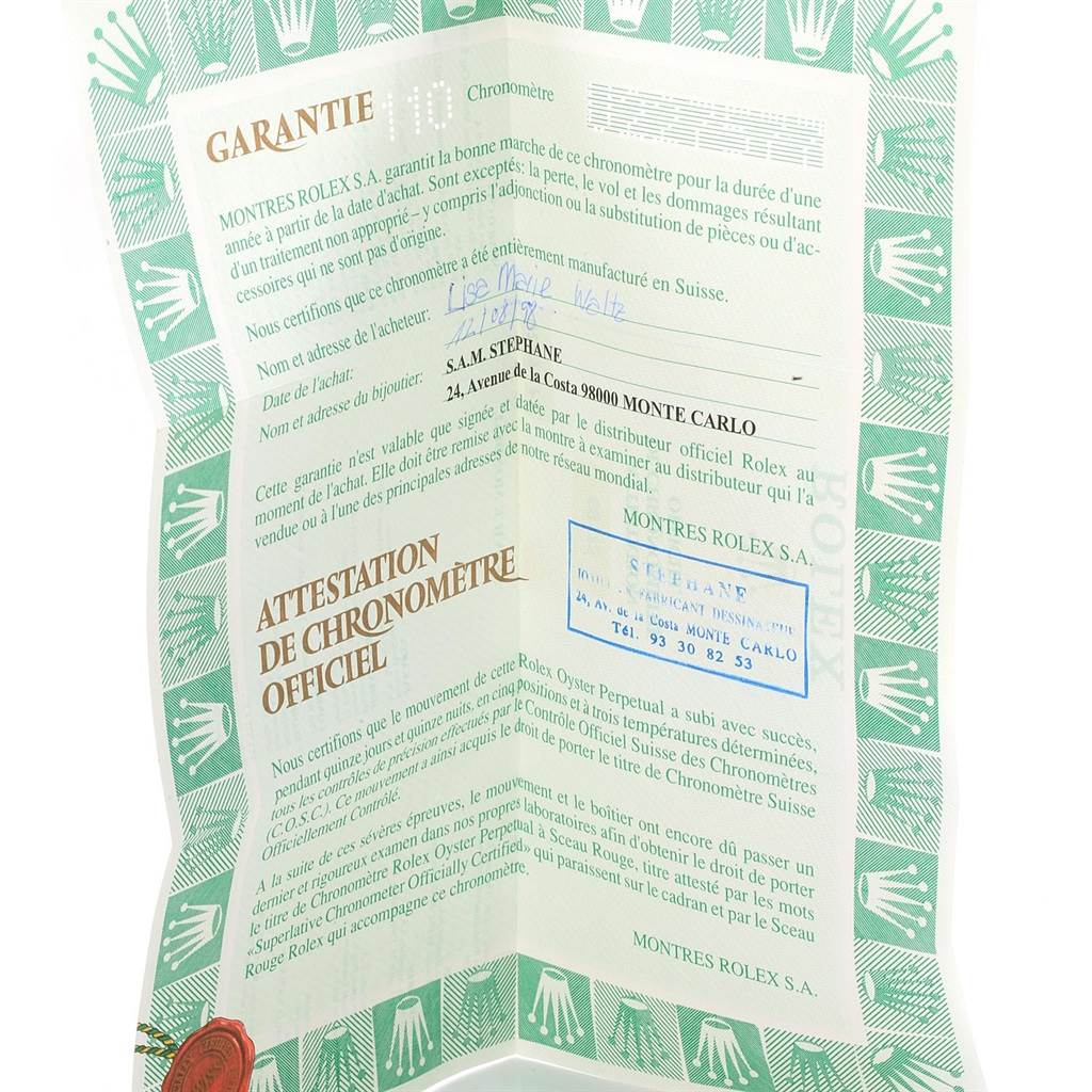 This image shows the warranty certificate and official chronometer certification for a Rolex Datejust 69173 Women's Stainless Steel Black Dial 69173 Women's Stainless Steel Black Dial watch.