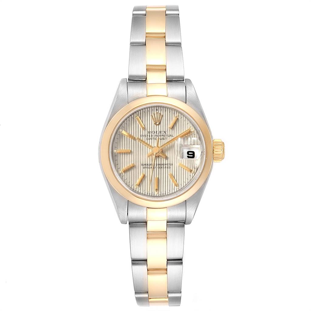 This image shows a front view of the Rolex Datejust 79163 Women's Steel and Gold (two tone) Silver Dial 79163 Women's Steel and Gold (two tone) Silver Dial watch, featuring its dial, bezel, and bracelet.