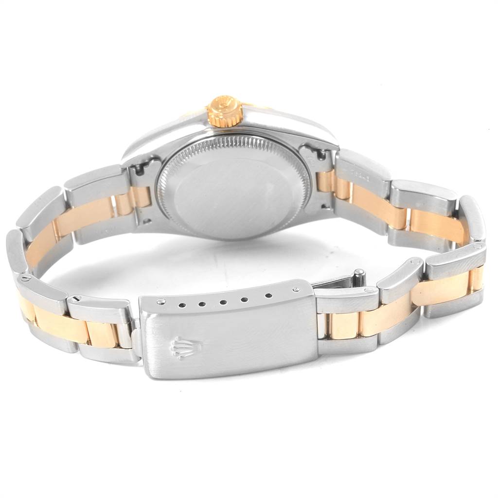 The image shows the back view of a Rolex Datejust 79163 Women's Steel and Gold (two tone) Silver Dial 79163 Women's Steel and Gold (two tone) Silver Dial watch, highlighting the two-tone bracelet and clasp.