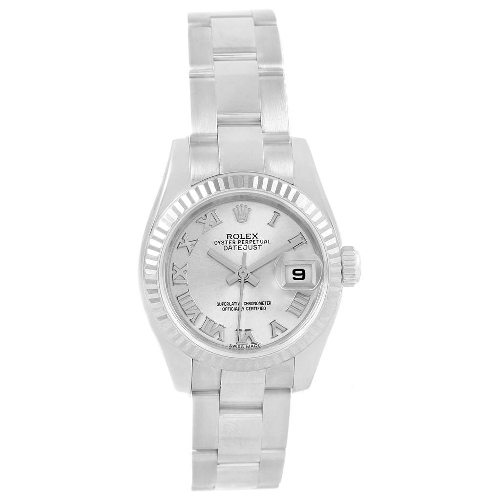 The image shows a front view of a Rolex Datejust 179174 Women's Stainless Steel Silver Dial 179174 Women's Stainless Steel Silver Dial watch, displaying its dial, bracelet, and fluted bezel.