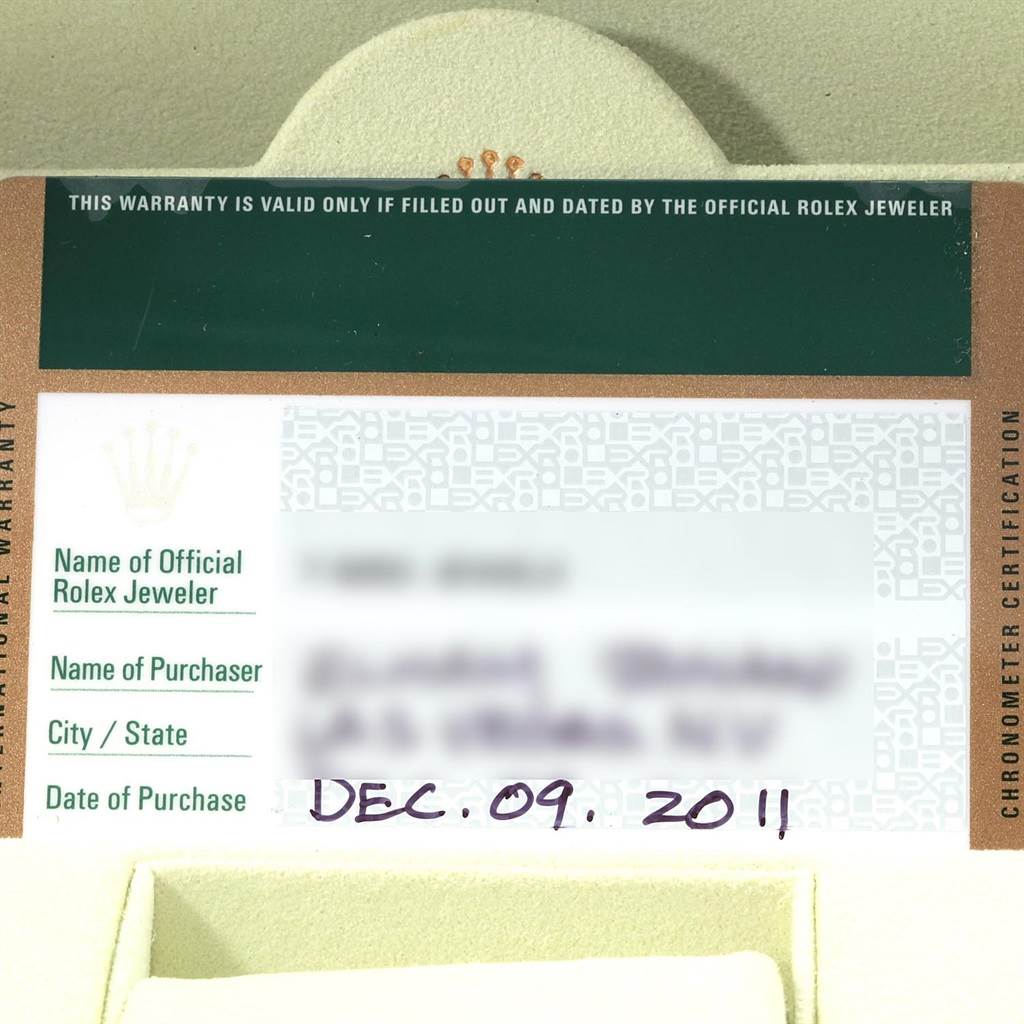 The image shows a warranty card for a Rolex Datejust 179174 Women's Stainless Steel Silver Dial 179174 Women's Stainless Steel Silver Dial, highlighting purchase details and the official Rolex jeweler.