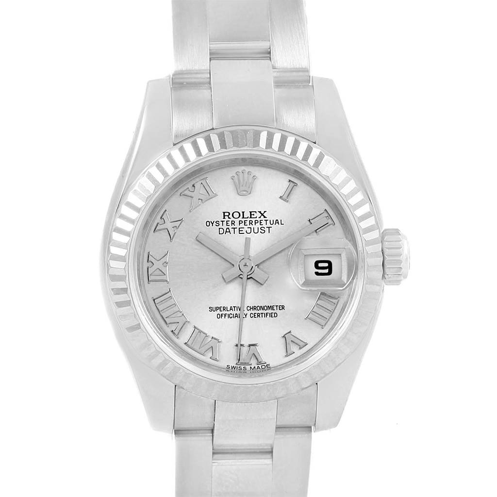 The image shows a front view of the Rolex Datejust 179174 Women's Stainless Steel Silver Dial 179174 Women's Stainless Steel Silver Dial watch, displaying the dial, hands, and part of the bracelet.