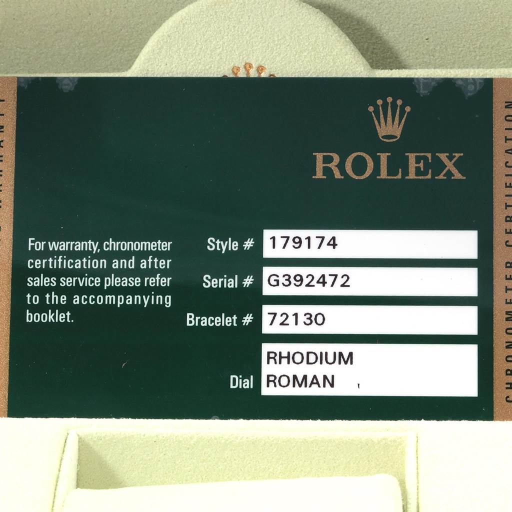 The image shows the warranty card for a Rolex Datejust 179174 Women's Stainless Steel Silver Dial 179174 Women's Stainless Steel Silver Dial model with style number 179174 and bracelet number 72130.