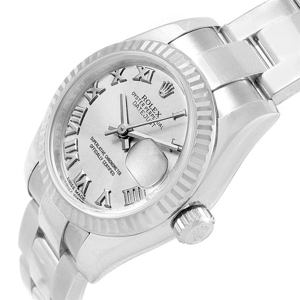 The image shows a close-up angled view of the Rolex Datejust 179174 Women's Stainless Steel Silver Dial 179174 Women's Stainless Steel Silver Dial watch, highlighting the dial, bezel, and part of the bracelet.