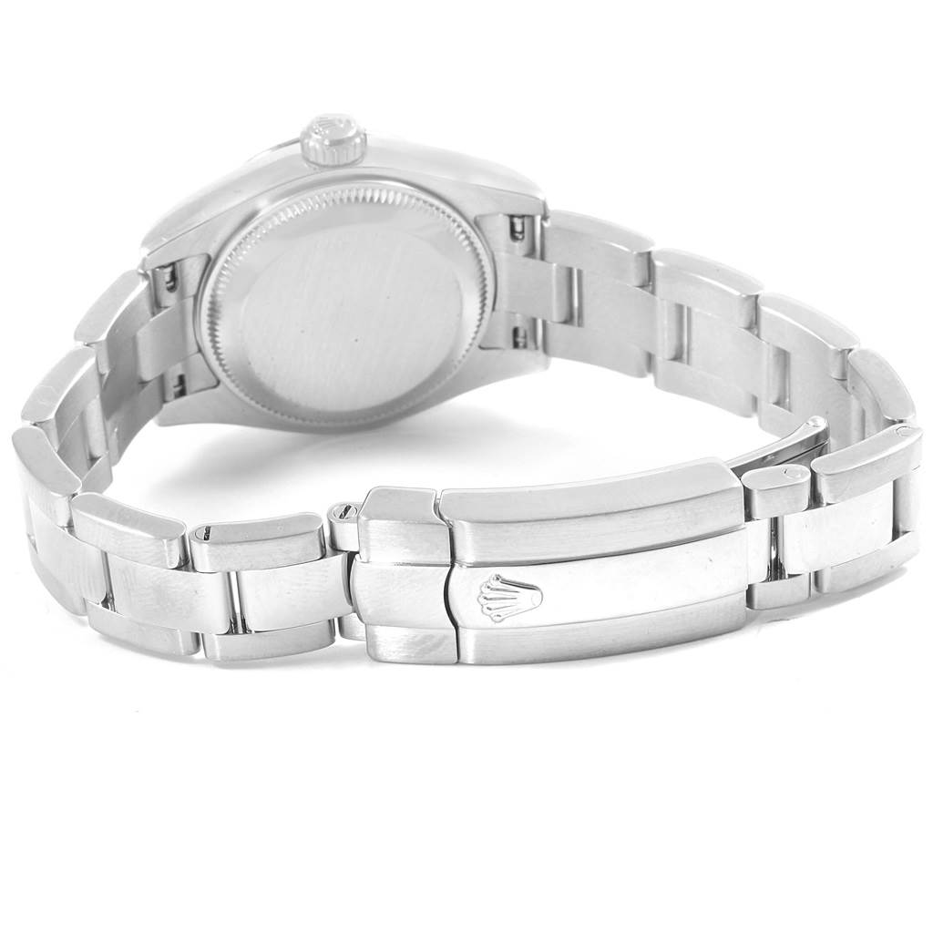 The image shows the back view of a Rolex Datejust 179174 Women's Stainless Steel Silver Dial 179174 Women's Stainless Steel Silver Dial watch, highlighting the case back, crown, and the clasp of the bracelet.