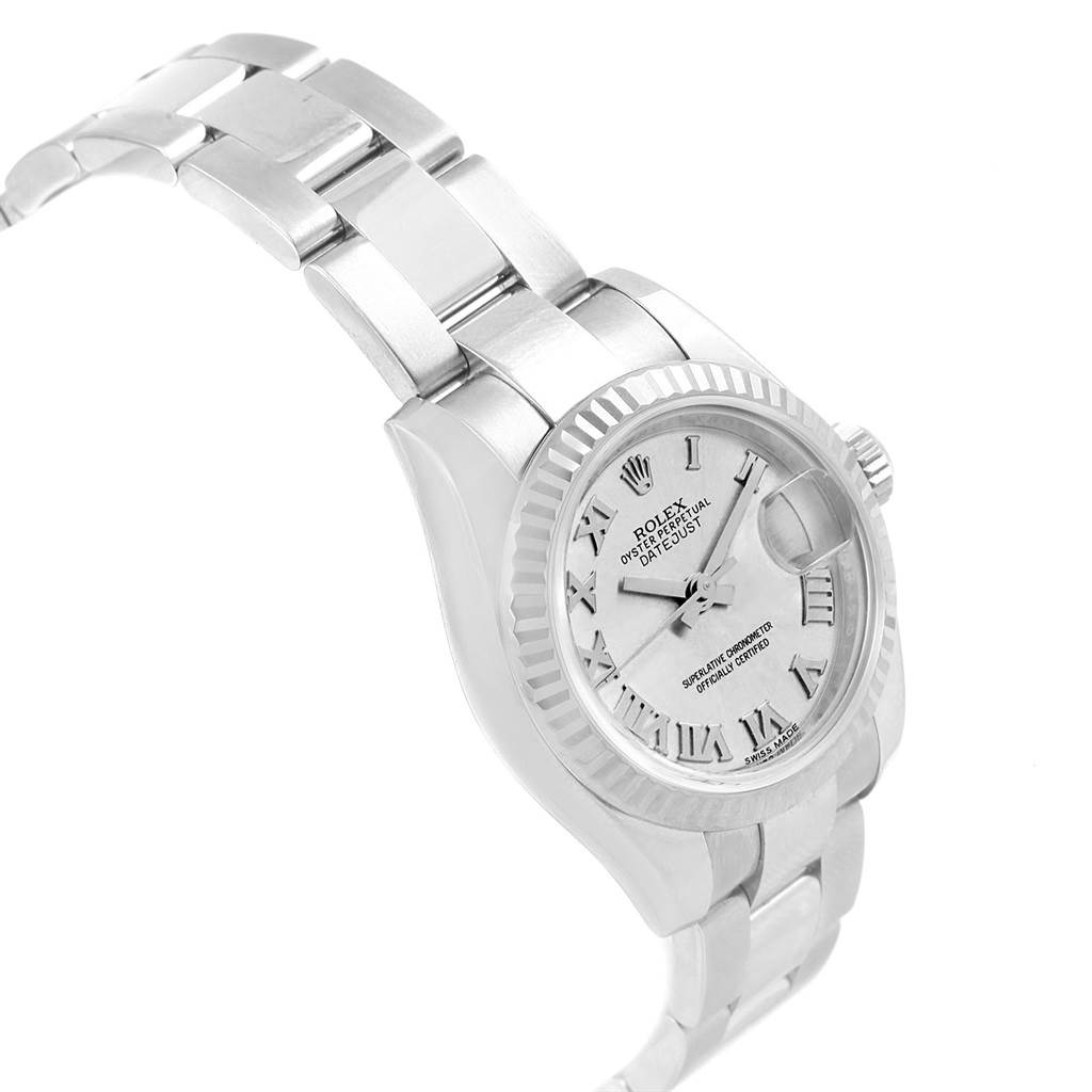 The image shows a Rolex Datejust 179174 Women's Stainless Steel Silver Dial 179174 Women's Stainless Steel Silver Dial watch at a slight side angle, displaying the band, case, and face with Roman numeral markers.