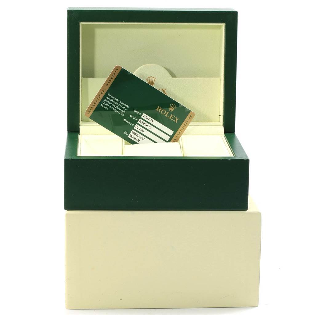 The image shows a Rolex Datejust 179174 Women's Stainless Steel Silver Dial 179174 Women's Stainless Steel Silver Dial watch box with an authenticity card inside.