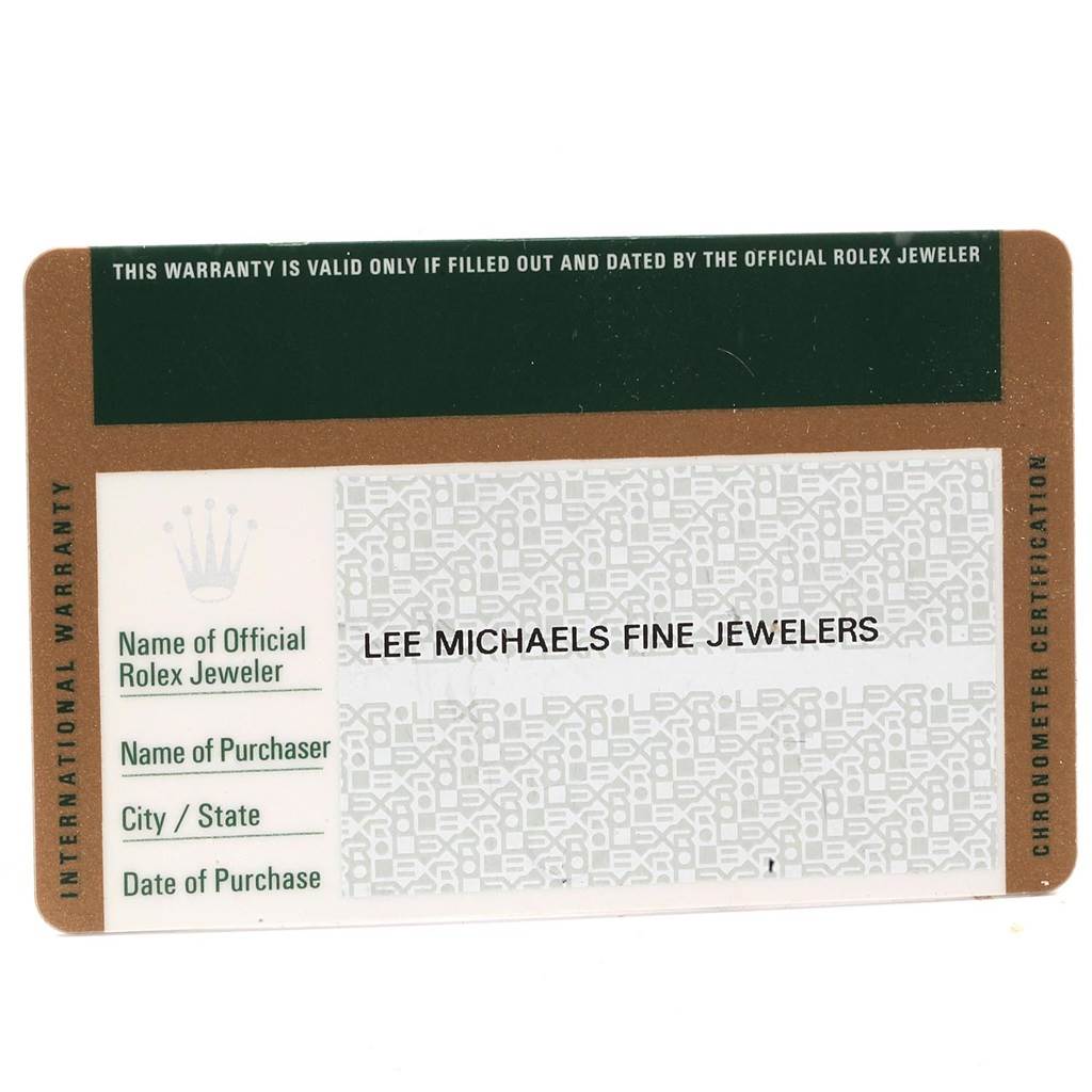 This image shows an official Rolex warranty card for the Datejust model.