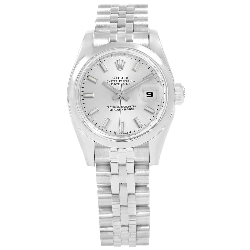 The image shows a front view of the Rolex Datejust 179160 Women's Stainless Steel Silver Dial 179160 Women's Stainless Steel Silver Dial watch displaying the dial, bezel, crown, and bracelet.