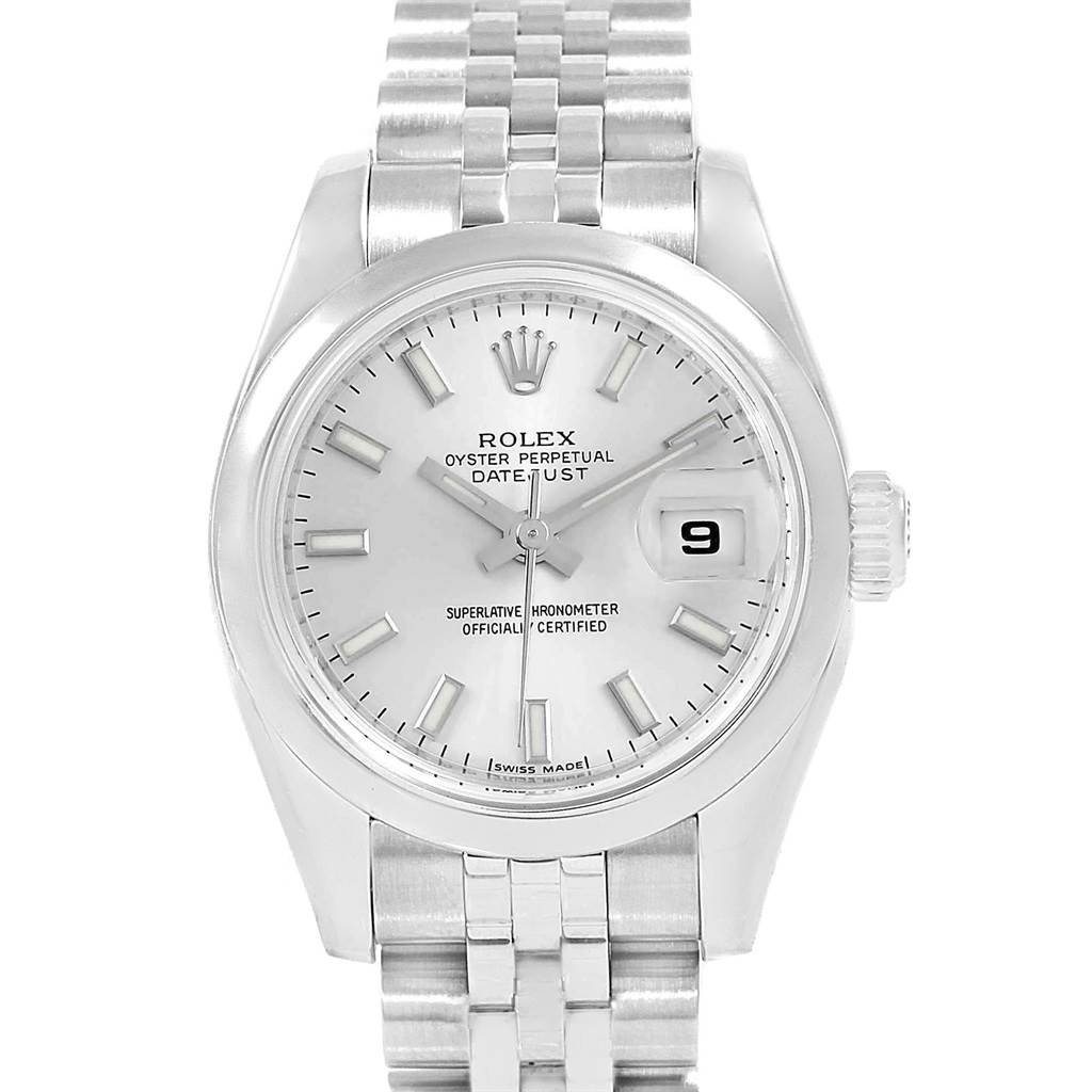 The image shows a front view of a Rolex Datejust 179160 Women's Stainless Steel Silver Dial 179160 Women's Stainless Steel Silver Dial watch with a silver dial, jubilee bracelet, and date display at 3 o'clock.