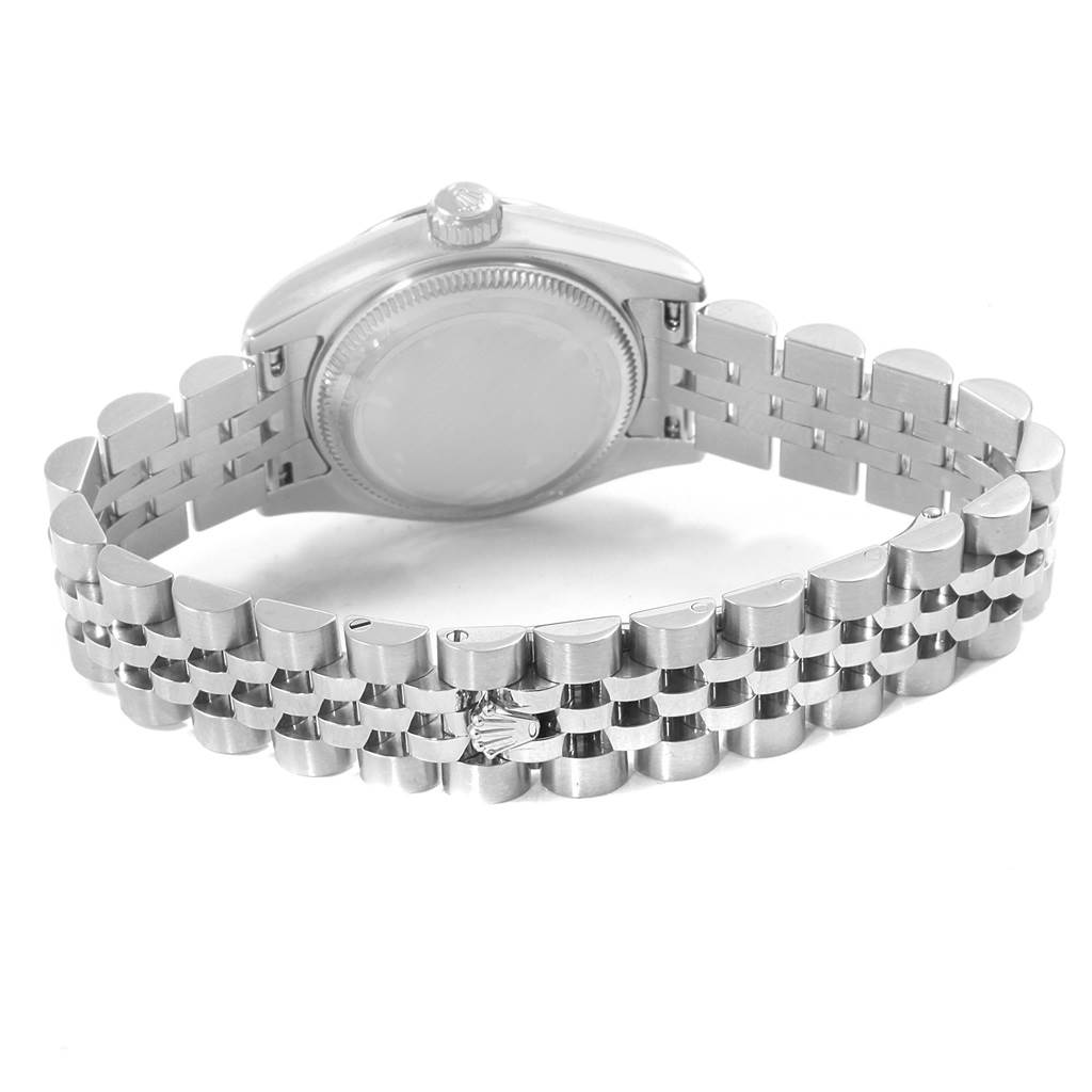 This image shows the back of a Rolex Datejust 179160 Women's Stainless Steel Silver Dial 179160 Women's Stainless Steel Silver Dial watch, highlighting the case and part of the bracelet.