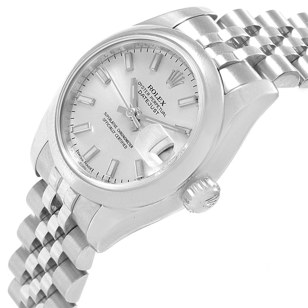 The image shows a Rolex Datejust 179160 Women's Stainless Steel Silver Dial 179160 Women's Stainless Steel Silver Dial watch at an oblique angle, highlighting its face, crown, and part of its bracelet.