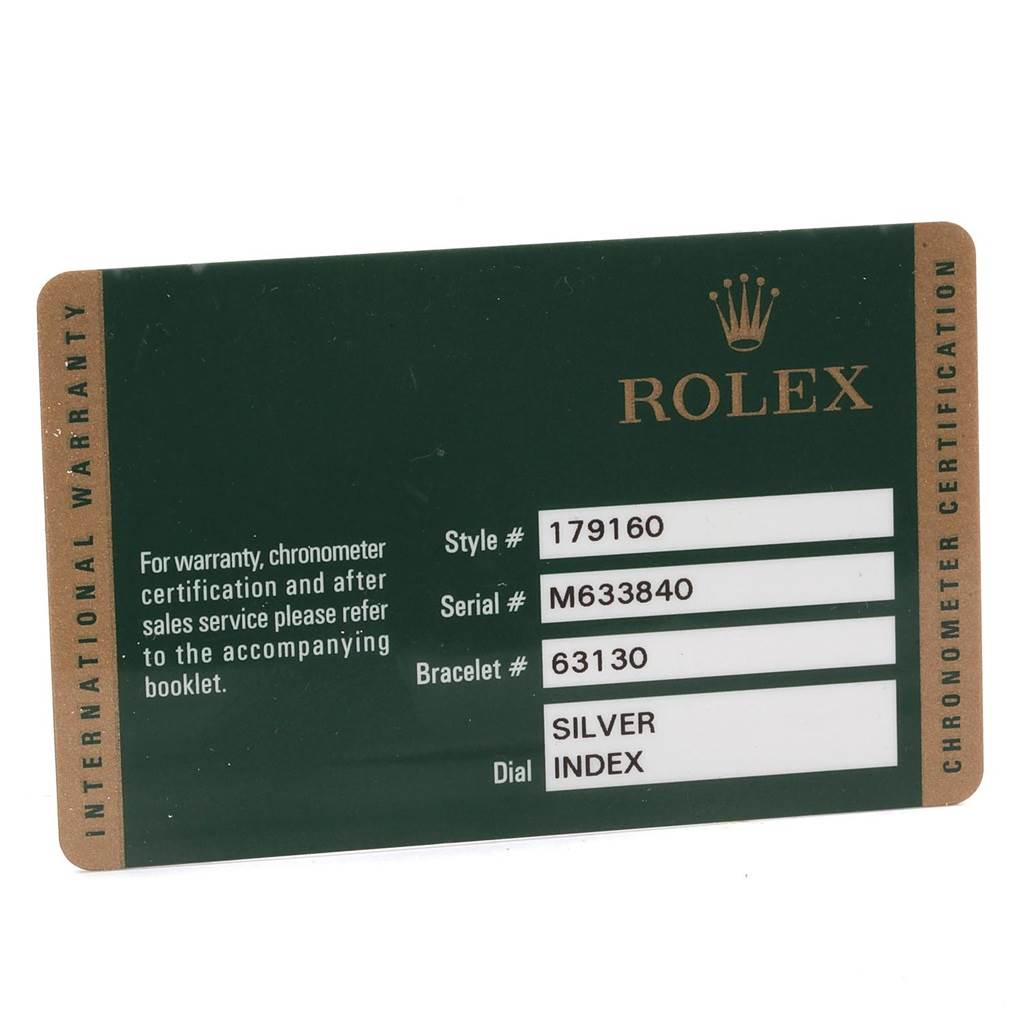 The image displays a Rolex Datejust 179160 Women's Stainless Steel Silver Dial 179160 Women's Stainless Steel Silver Dial model warranty card, showing style, serial, bracelet, and dial information.
