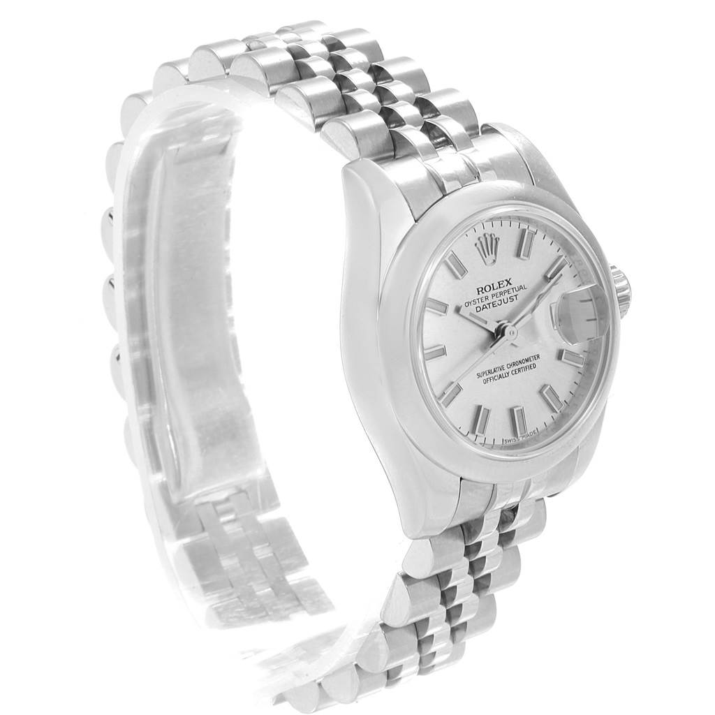 The Rolex Datejust 179160 Women's Stainless Steel Silver Dial 179160 Women's Stainless Steel Silver Dial watch is shown from a 45-degree angle, highlighting the face, crown, and part of the bracelet.
