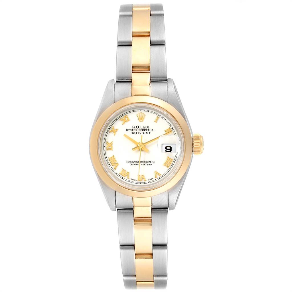 This Rolex Datejust 69163 Women's Steel and Gold (two tone) White Dial 69163 Women's Steel and Gold (two tone) White Dial watch is shown from a top-down angle, displaying the face, bezel, case, and bracelet.