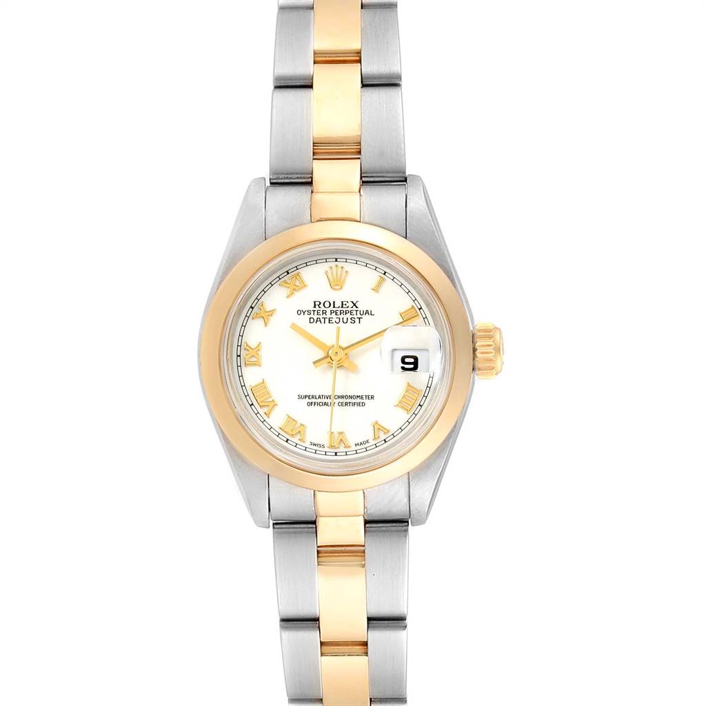 This Rolex Datejust 69163 Women's Steel and Gold (two tone) White Dial 69163 Women's Steel and Gold (two tone) White Dial watch is shown from the front, displaying the face, bezel, case, and bracelet.