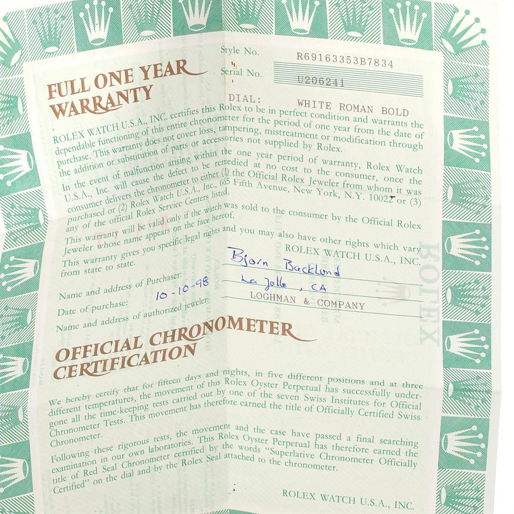 This image shows a full one-year warranty certificate and official chronometer certification for a Rolex Datejust 69163 Women's Steel and Gold (two tone) White Dial 69163 Women's Steel and Gold (two tone) White Dial model.