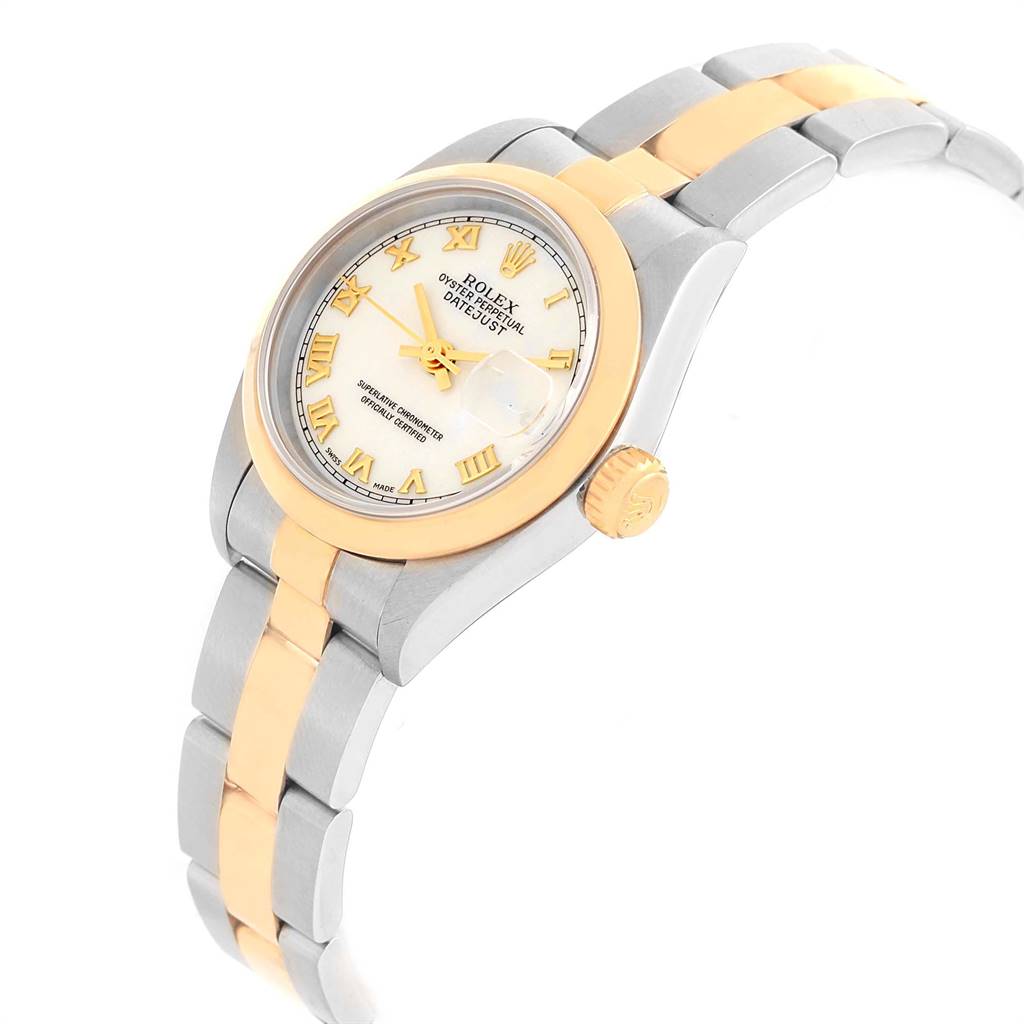 The Rolex Datejust 69163 Women's Steel and Gold (two tone) White Dial 69163 Women's Steel and Gold (two tone) White Dial watch is shown at a slight angle, highlighting its two-tone bracelet, dial, and crown.