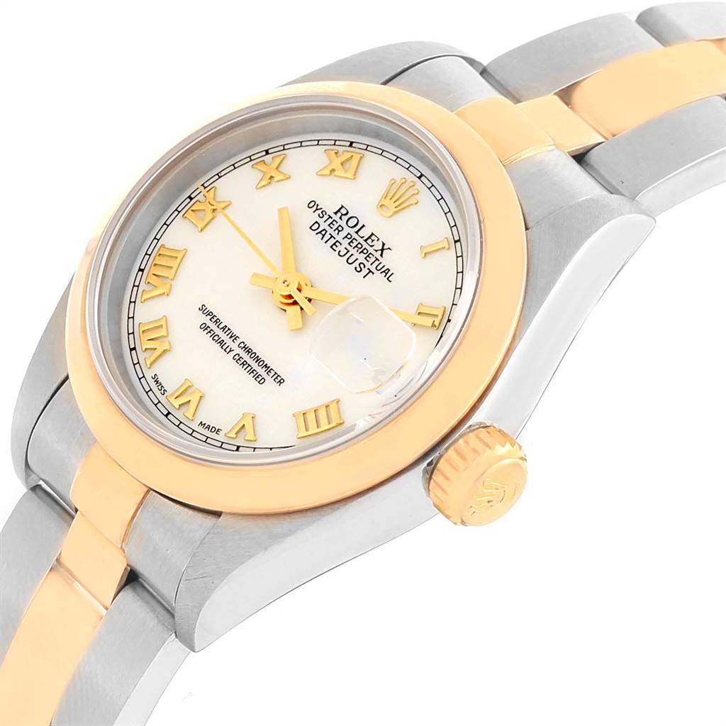 This image shows a side and partial front angle of a Rolex Datejust 69163 Women's Steel and Gold (two tone) White Dial 69163 Women's Steel and Gold (two tone) White Dial, highlighting the bezel, crown, and part of the bracelet.