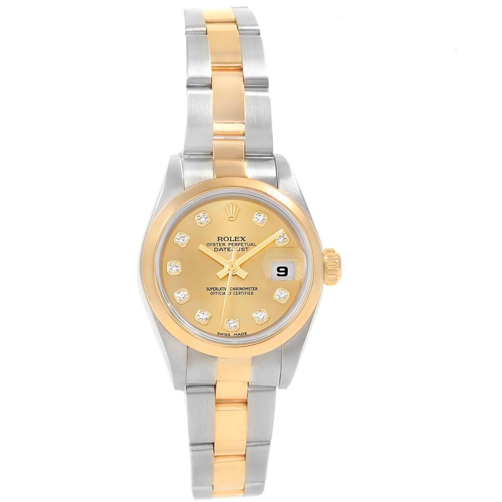 The Rolex Datejust 79163 Women's Steel and Gold (two tone) Champagne Dial 79163 Women's Steel and Gold (two tone) Champagne Dial watch is shown from a front angle, showcasing its gold and silver bracelet, gold dial, and date function.