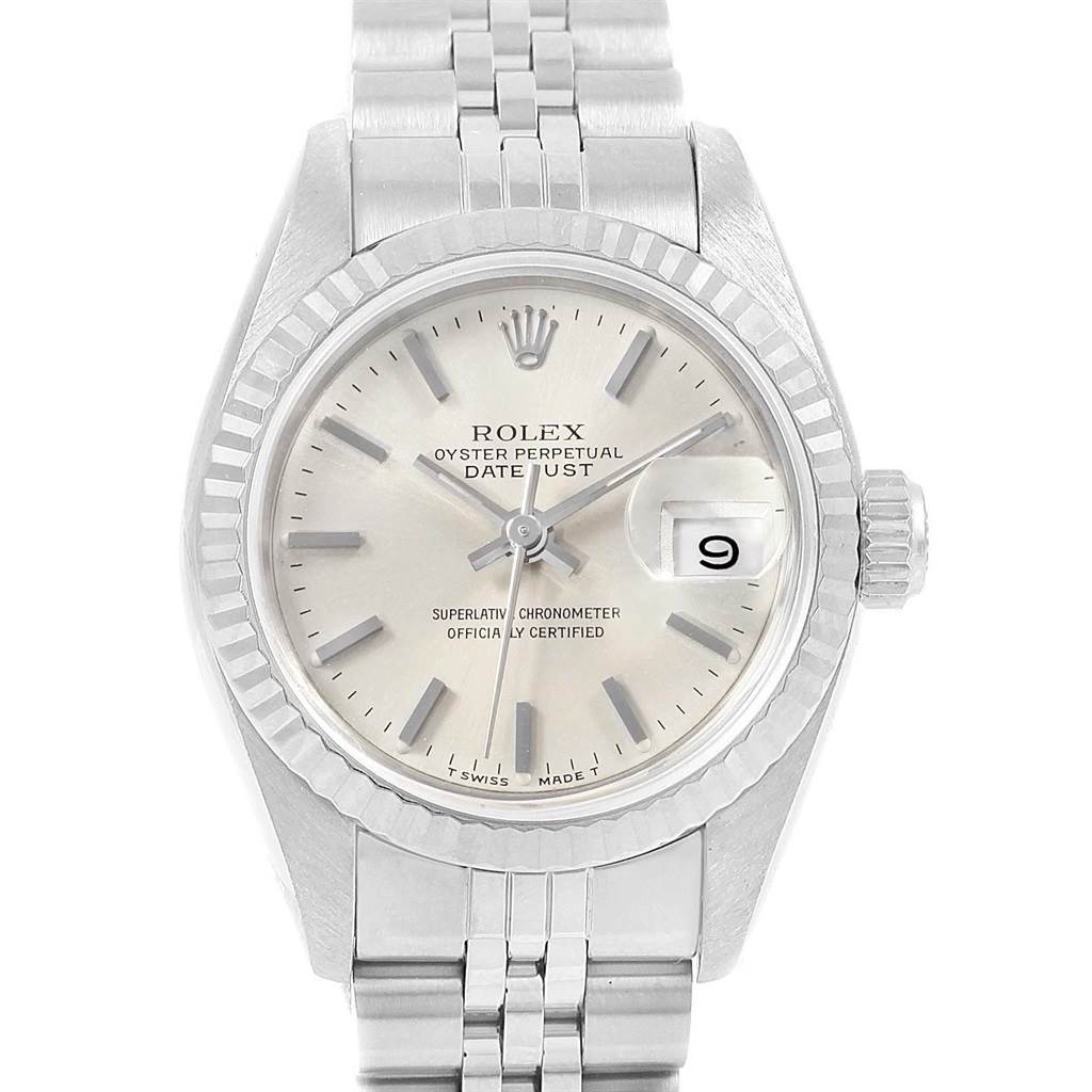 The image shows a front view of a Rolex Datejust 69174 Women's Stainless Steel Silver Dial 69174 Women's Stainless Steel Silver Dial watch, highlighting the dial, bezel, crown, and bracelet.
