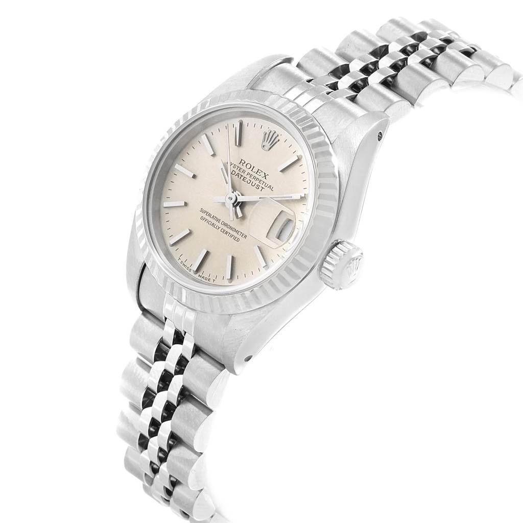 The image shows a close-up angled view of a Rolex Datejust 69174 Women's Stainless Steel Silver Dial 69174 Women's Stainless Steel Silver Dial watch, highlighting the face, bezel, crown, and bracelet.