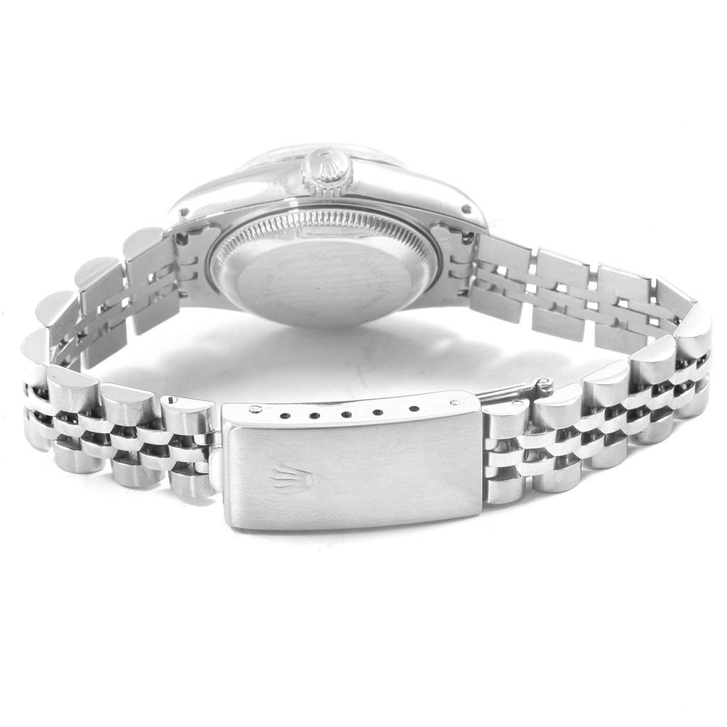 This image shows the backside of a Rolex Datejust 69174 Women's Stainless Steel Silver Dial 69174 Women's Stainless Steel Silver Dial watch, highlighting the case back and jubilee bracelet with the clasp.