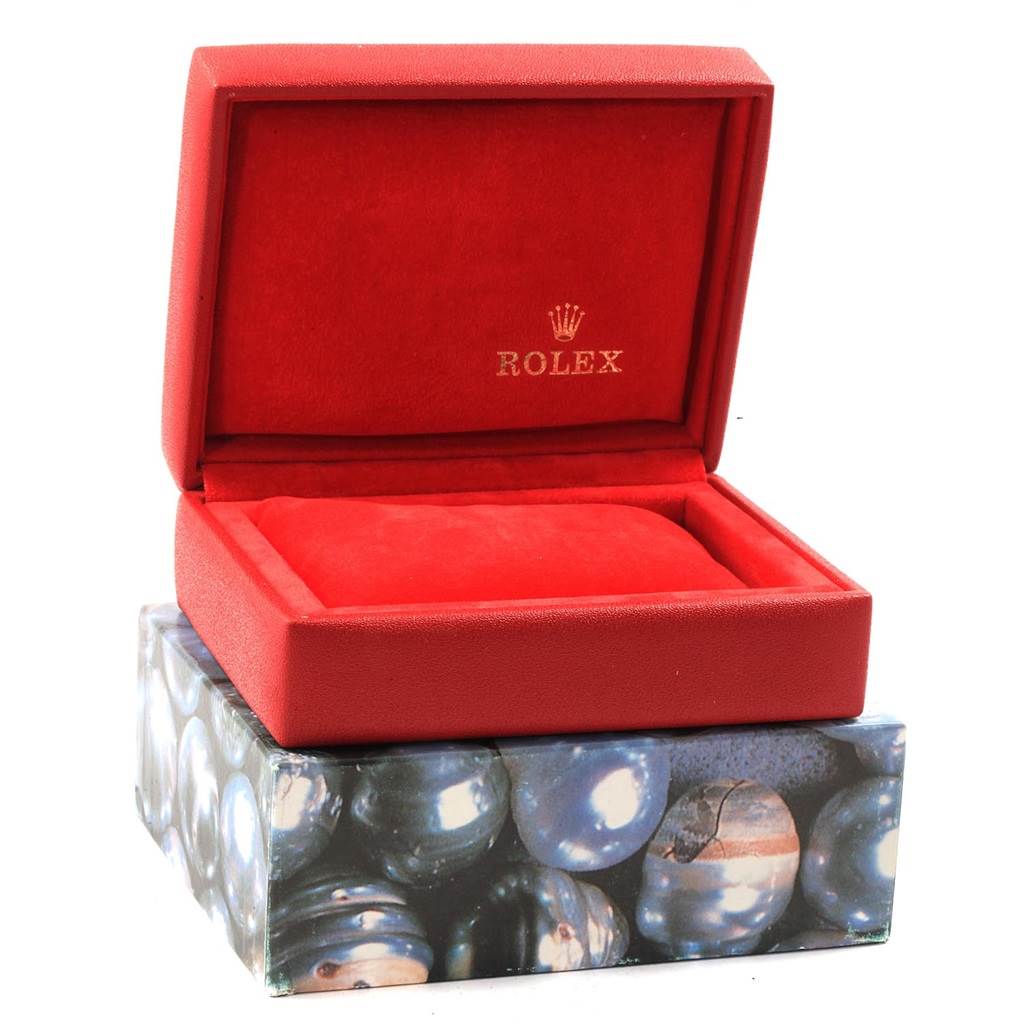 The image shows an open watch box for a Rolex Datejust 69174 Women's Stainless Steel Silver Dial 69174 Women's Stainless Steel Silver Dial model, featuring a red interior and the Rolex logo.