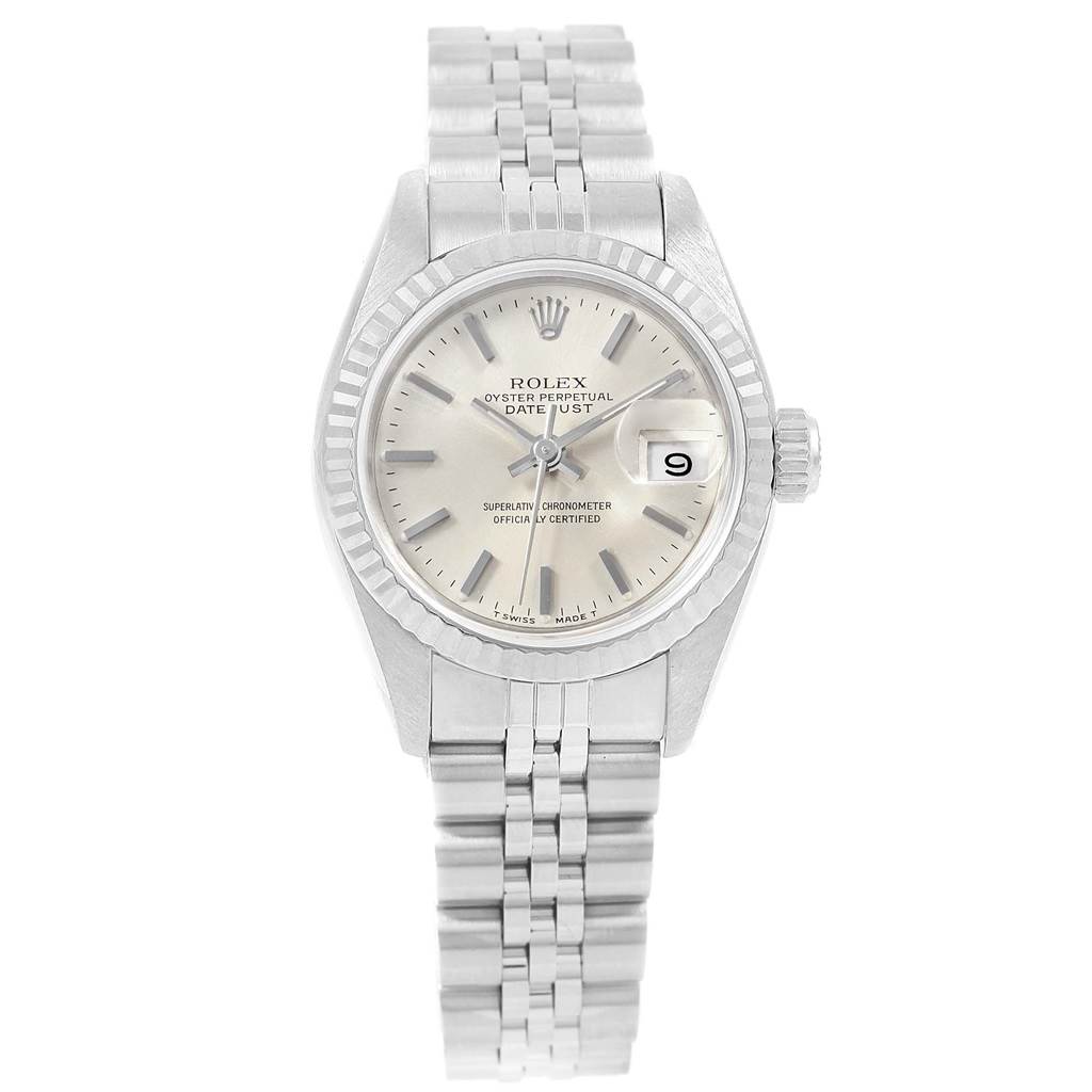 This image shows a front view of the face and band of a Rolex Datejust 69174 Women's Stainless Steel Silver Dial 69174 Women's Stainless Steel Silver Dial watch.