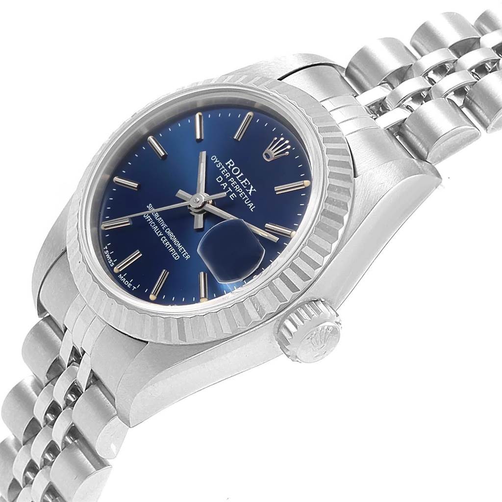 This image shows a side and partial front view of a Rolex Datejust 69174 Women's Stainless Steel Blue Dial 69174 Women's Stainless Steel Blue Dial watch, highlighting the dial, crown, and bracelet.