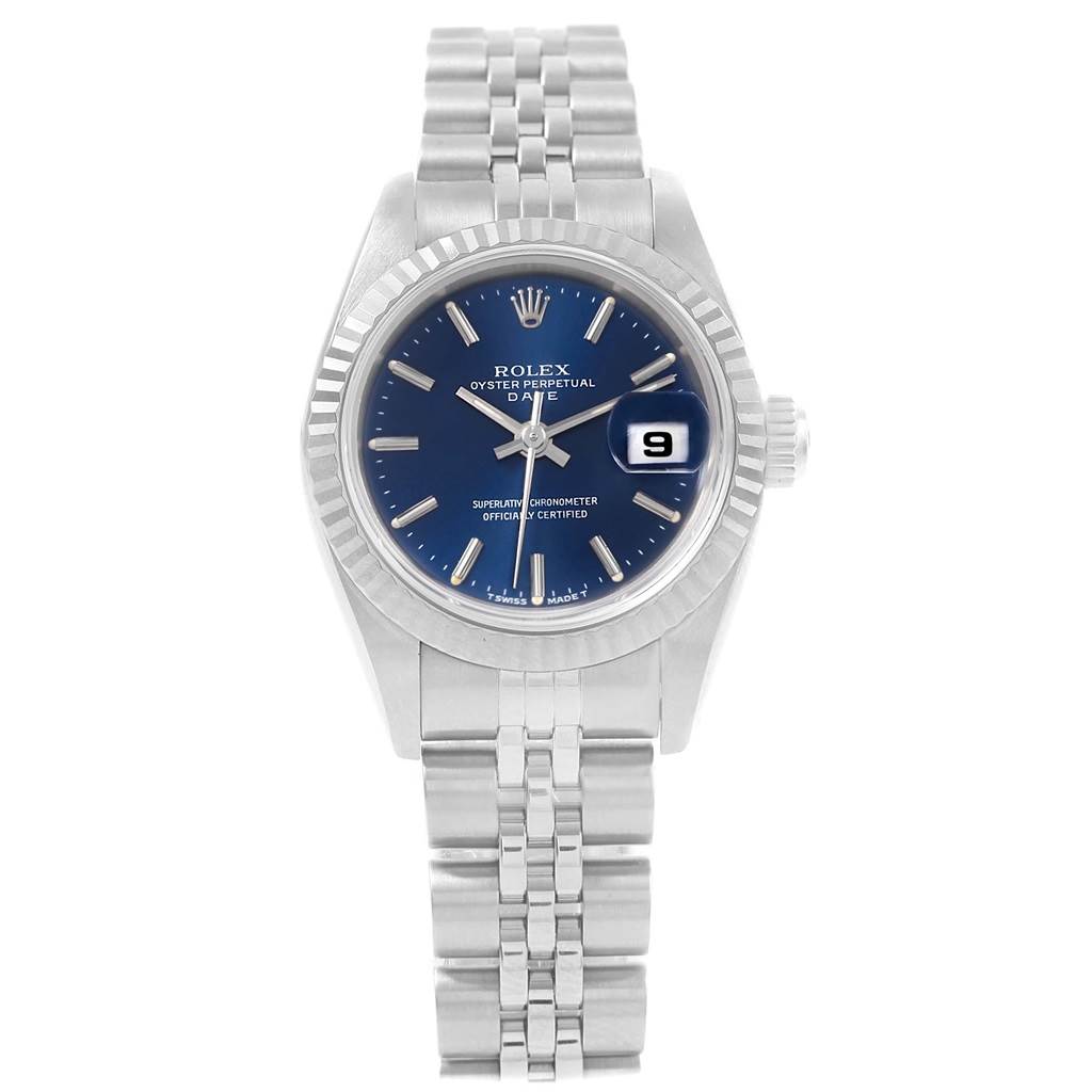 The Rolex Datejust 69174 Women's Stainless Steel Blue Dial 69174 Women's Stainless Steel Blue Dial watch is shown from the front, displaying the blue dial, date window, and silver bracelet.
