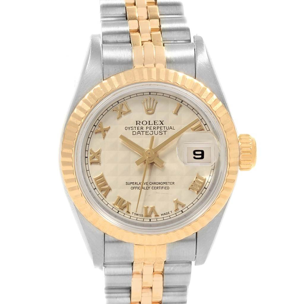 This image shows a front view of a Rolex Datejust 69173 Women's Stainless Steel Beige Dial 69173 Women's Stainless Steel Beige Dial watch, highlighting the dial, bezel, and bracelet.