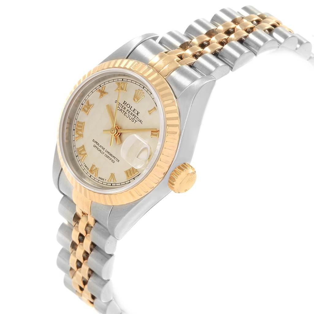 The image shows a side view of a Rolex Datejust 69173 Women's Stainless Steel Beige Dial 69173 Women's Stainless Steel Beige Dial watch, highlighting its dial, bezel, crown, and a two-tone bracelet.