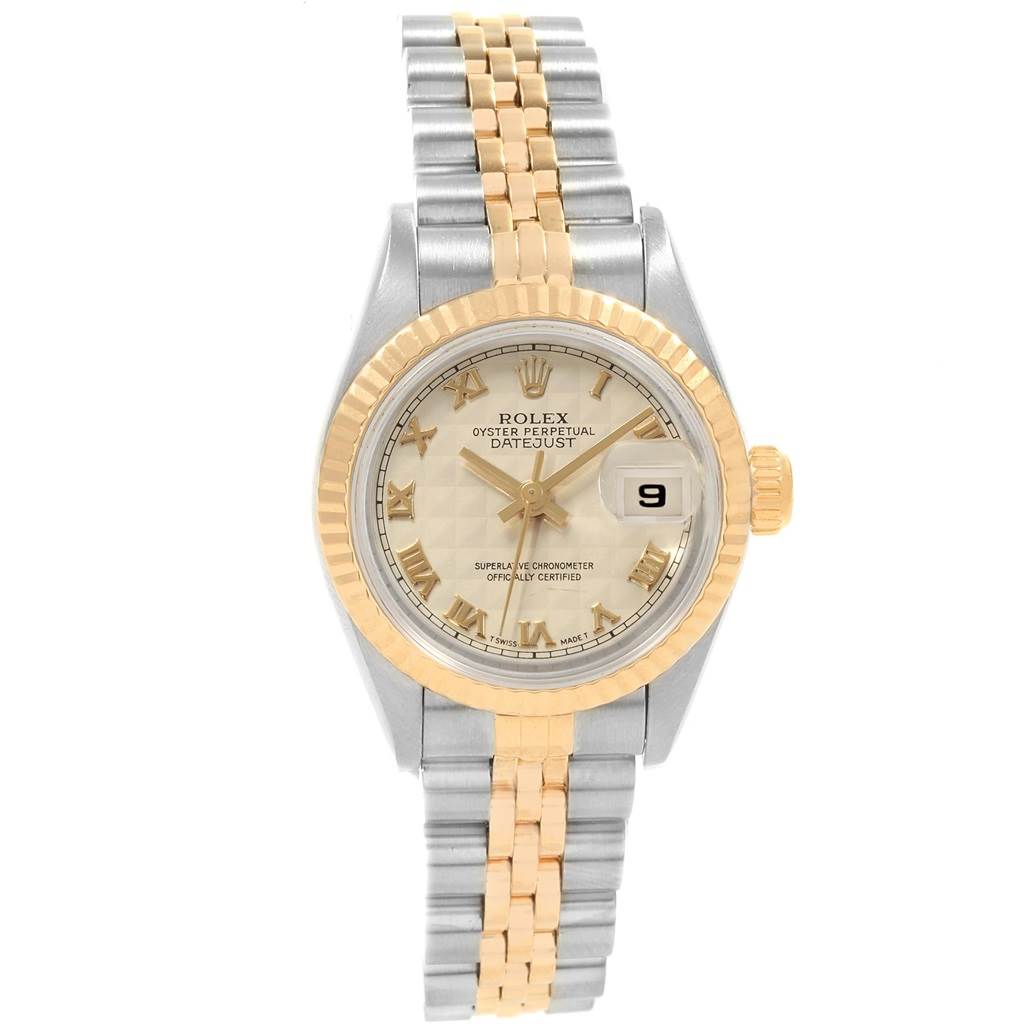 The Rolex Datejust 69173 Women's Stainless Steel Beige Dial 69173 Women's Stainless Steel Beige Dial watch is shown from a front angle, displaying its dial, bezel, crown, and two-tone bracelet.