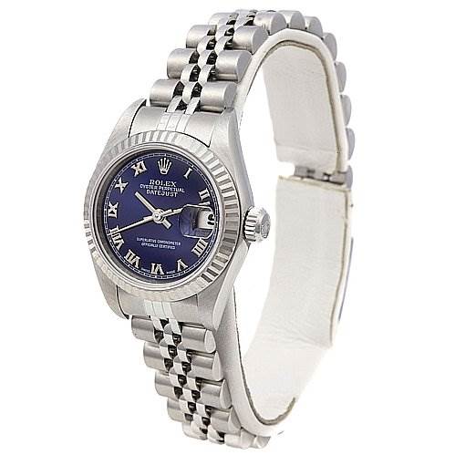 The image shows a Rolex Datejust 79174 Women's Stainless Steel Blue Dial 79174 Women's Stainless Steel Blue Dial model watch at a three-quarter angle, highlighting the dial, bezel, and bracelet.
