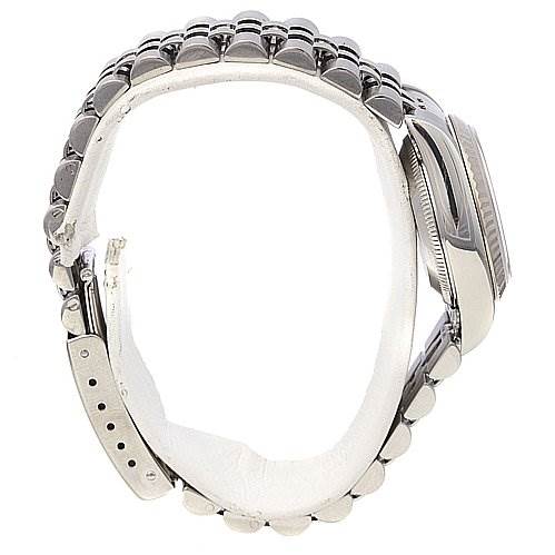 This image shows a side view of the Rolex Datejust 79174 Women's Stainless Steel Blue Dial 79174 Women's Stainless Steel Blue Dial watch, showcasing the clasp and bracelet.