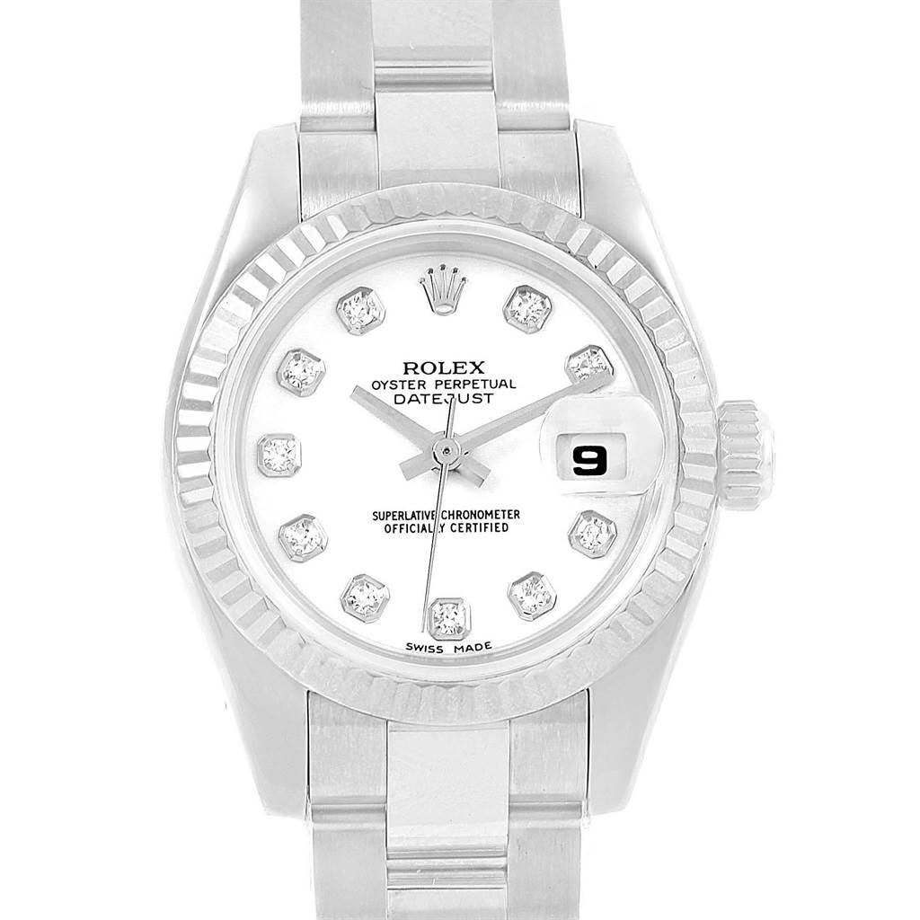 This image shows a front view of the dial and bracelet of a Rolex Datejust 179174 Women
s Stainless Steel White Dial 179174 Women
s Stainless Steel White Dial watch.